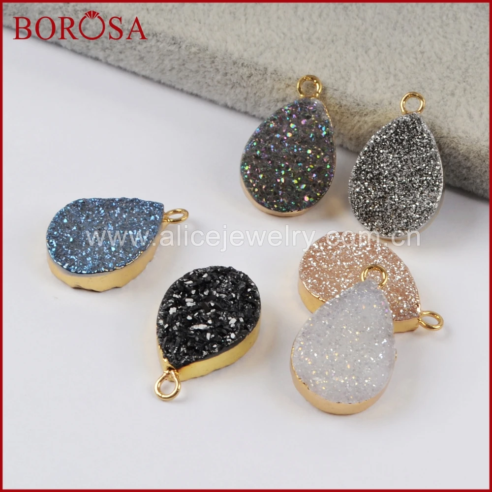 

BOROSA 5/10PCS Gold Color Rainbow Drusy Charms Pendant Teardrop Titaium Druzy Charm for Earrings/Necklace Jewelry Making G1455