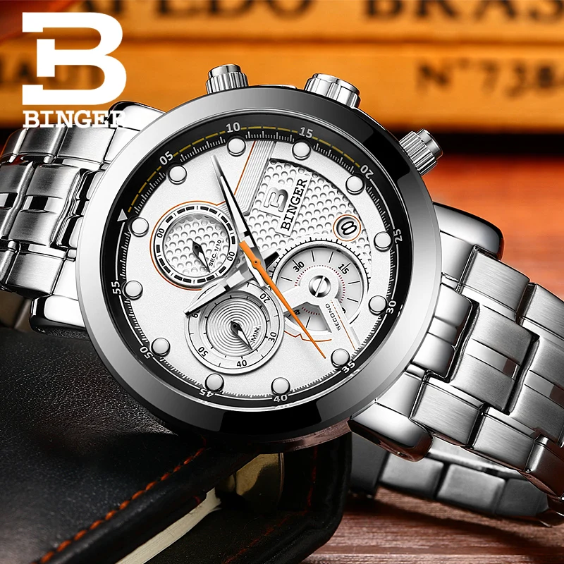 Швейцария Часы Мужчин Роскошный Лучший Бренд BINGER Новая Мода мужская Хронограф