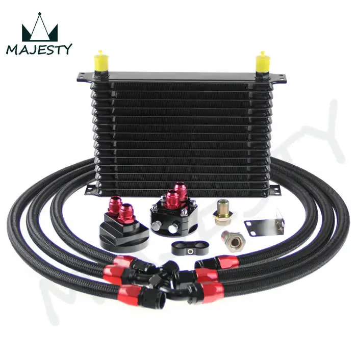 

UNIVERSAL 15 ROW ENGINE OIL COOLER + FILTER RELOCATION KIT + SS LINES BLACK