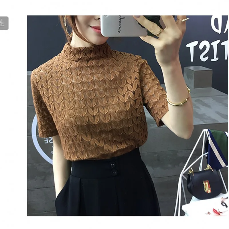 Хаки Blusas Mujer, Женская Сексуальная кружевная блузка, черный атлас, Прозрачные топы, открытая однотонная женская водолазка, рубашка размера плюс - Цвет: Хаки