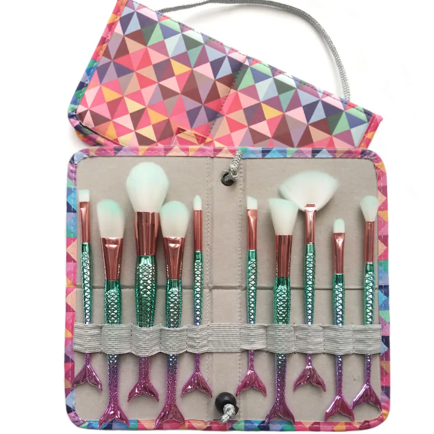 AiceBeu 10pcs Diamond Mermaid Makeup Brush Set Fish Tail Foundation Powder Eyeshadow Make up Brushes Contour Blending Kit
