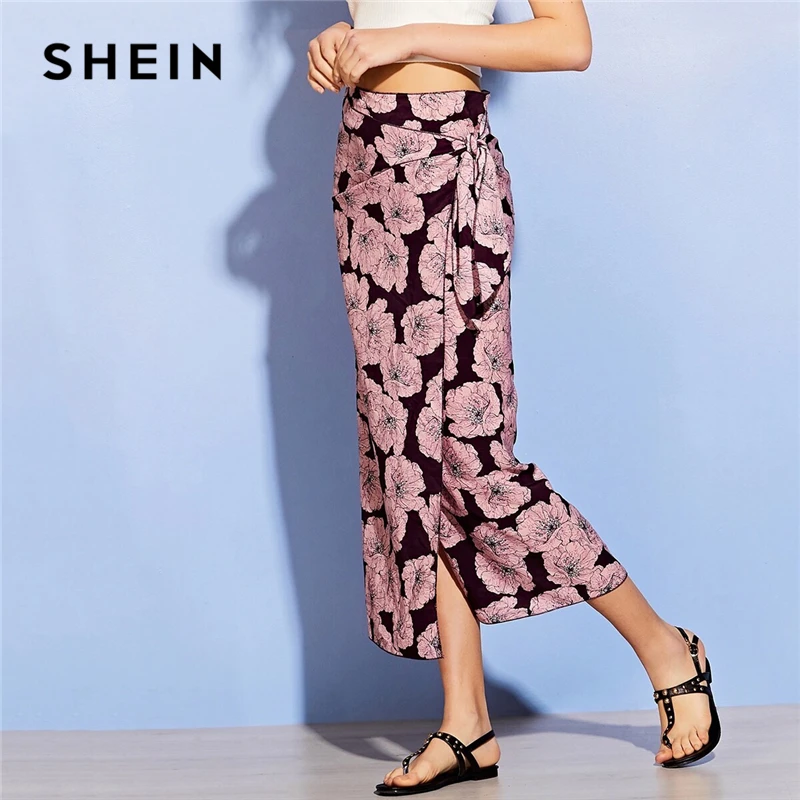 SHEIN Женская длинная юбка с цветочным принтом, с завязками, весна-лето, средняя талия, богемное Цельнокройное платье, разрезные юбки