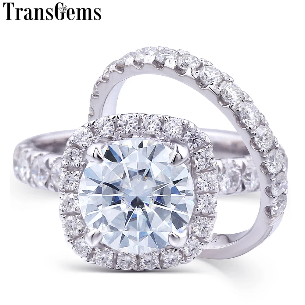 Набор обручальных колец Transgems Moissanite Halo центр 1 5 карат 7 мм F Color набор из белого