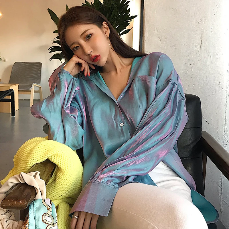 Коробов Новая мода Blusas Femininas элегантное блестящее кольцо с длинным рукавом в Корейском стиле Для женщин блузки из органической кожи Модные Однобортный рубашка 77997