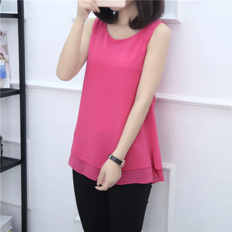 New Solid color Women Long Chiffon shirt summer Casual Top plus size S-6XL Loose sleeveless Blouse Double chiffon Blouses
