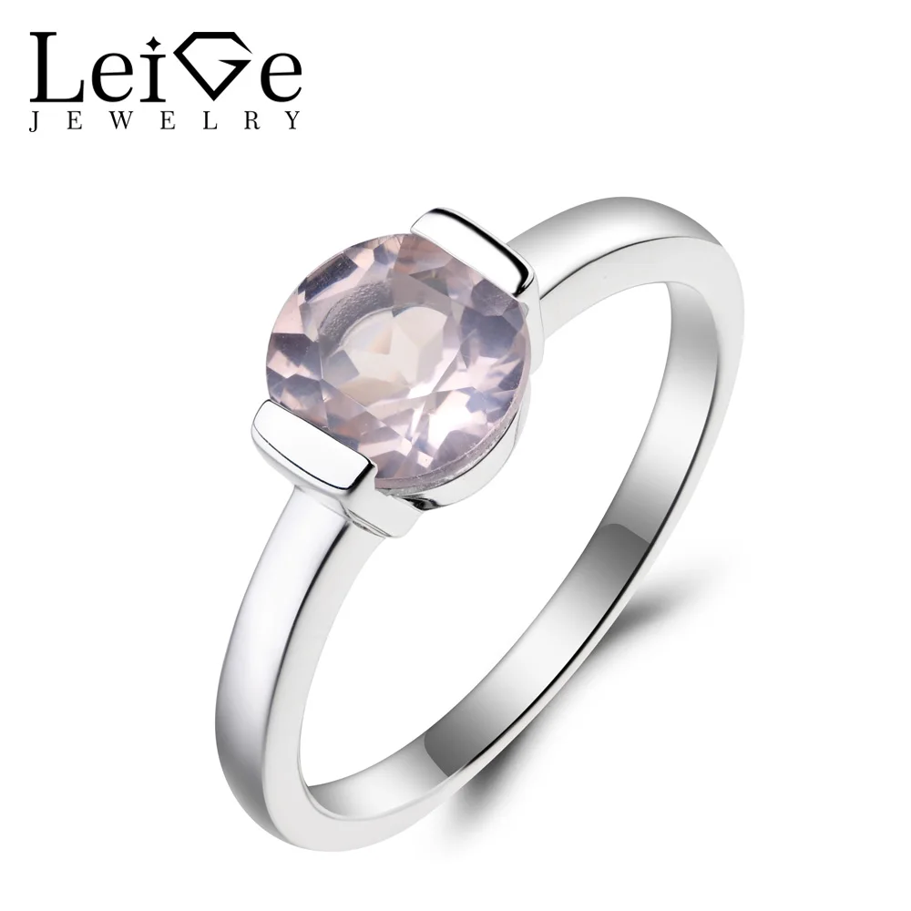 

Leige Jewelry Natural Pink Quartz Ring Anniversary Ring Round Cut Pink Gemstone Solid 925 Sterling Silver Bezel Setting Ring