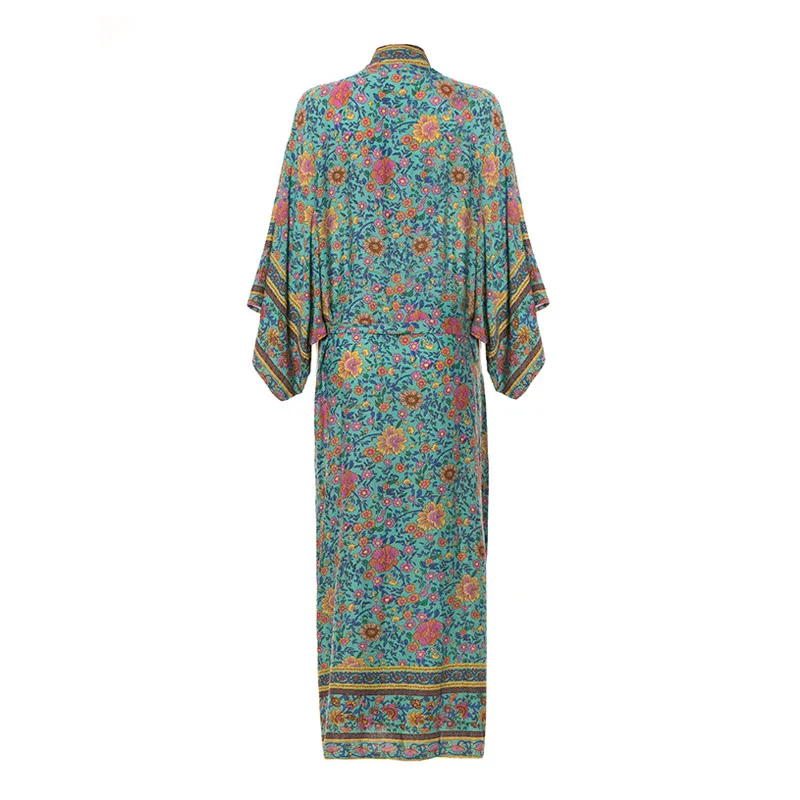 Женское длинное платье кимоно хлопковое с рукавом летучая мышь и цветочным