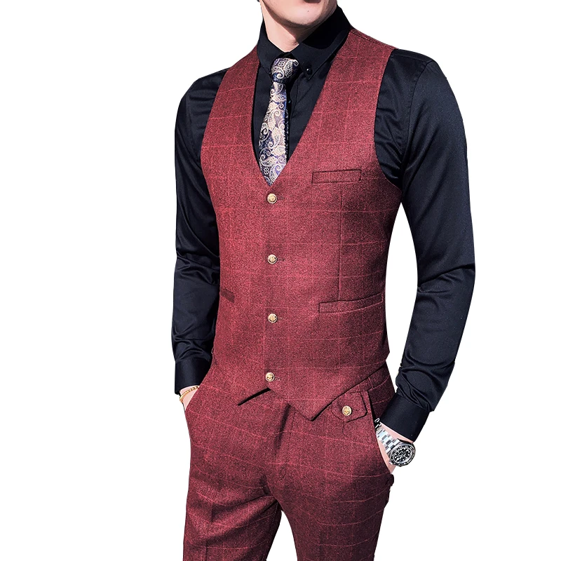 

High quality mens tuxedo suit dress 3 piece set slim design men Blazer jacket with pant and vest gray red