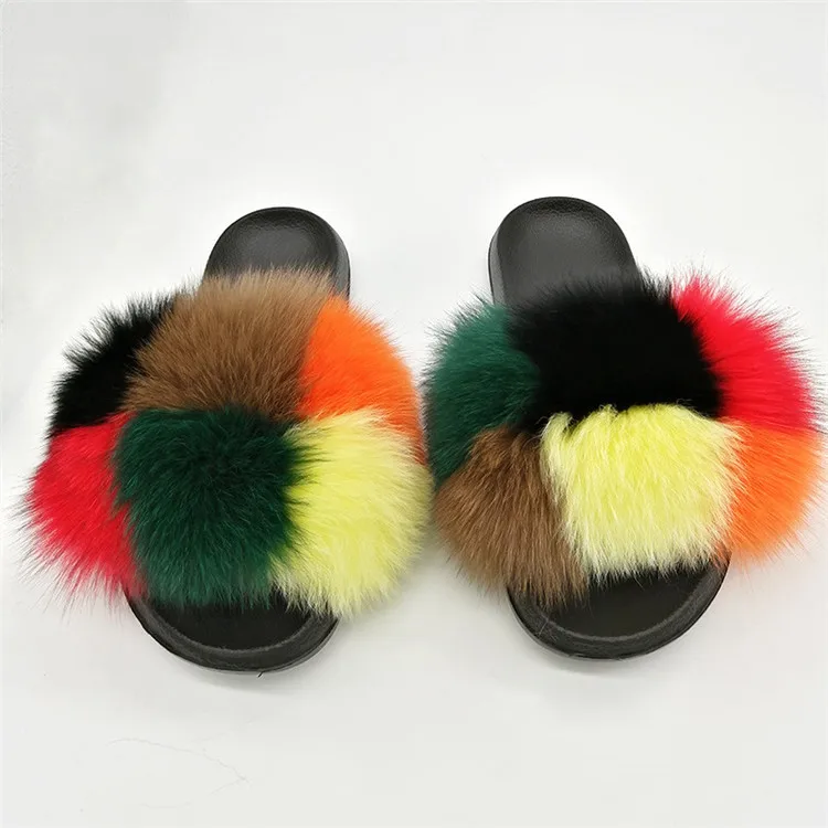Women Fox Fur Slippers Real Fox Fur Slides Lovely Plush Slippers Woman Summer Home Sandals Women Fur Slides Furry Flip Flops Hot