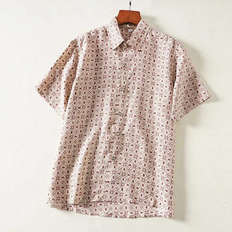 Silk Shirts for Man Print Short Sleeve Summer Loose Shirt Turn-down Collar Casual XXL XXXL