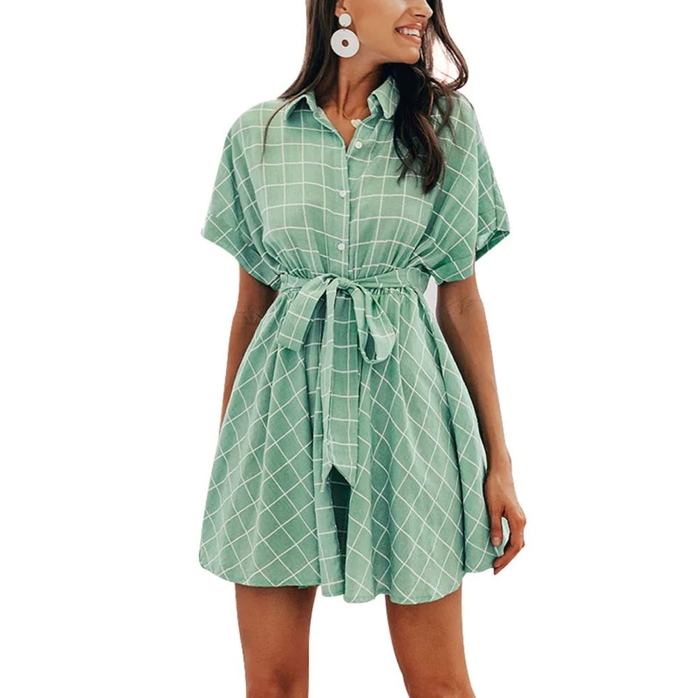 

New Women Small Fresh Plaid Lapel Collar sexy Fashion mini Short sleeve cotton belt dress lattice Casual Summer Beach Style