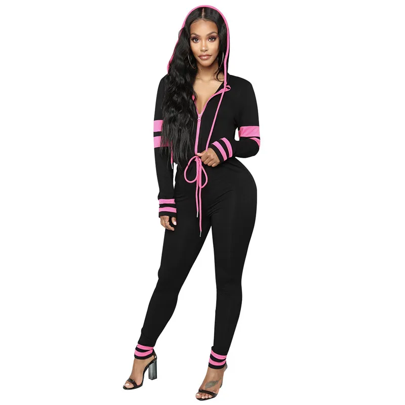 Sexy bodysuit tracksuit rompers womens jumpsuit hooded long sleeve skinny patchwork striped print overalls combinaison femme | Женская