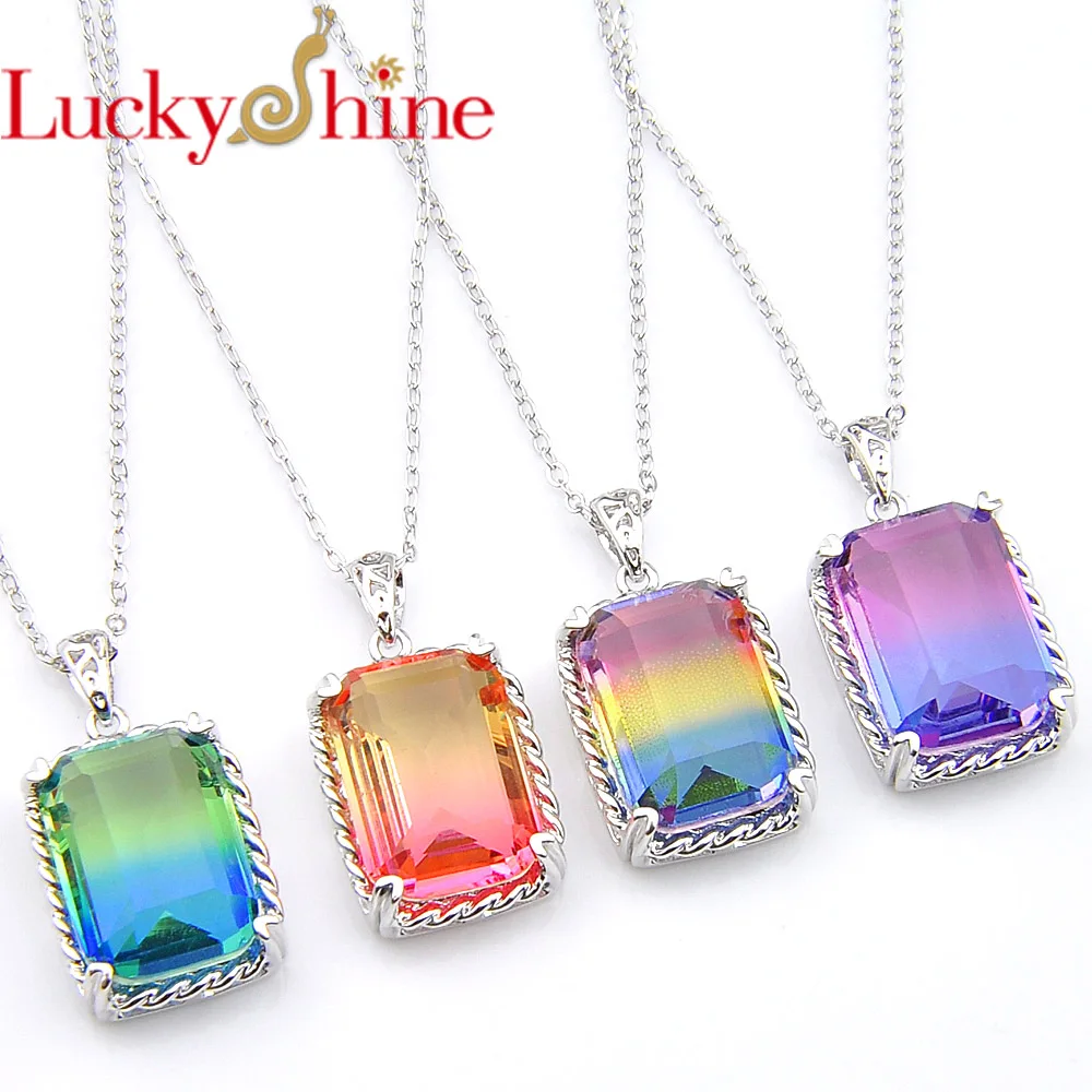 

Luckyshine Fashion rectangle Cut Bi-Colored Tourmaline Gems Retro Silver Wedding New Necklace Pendants