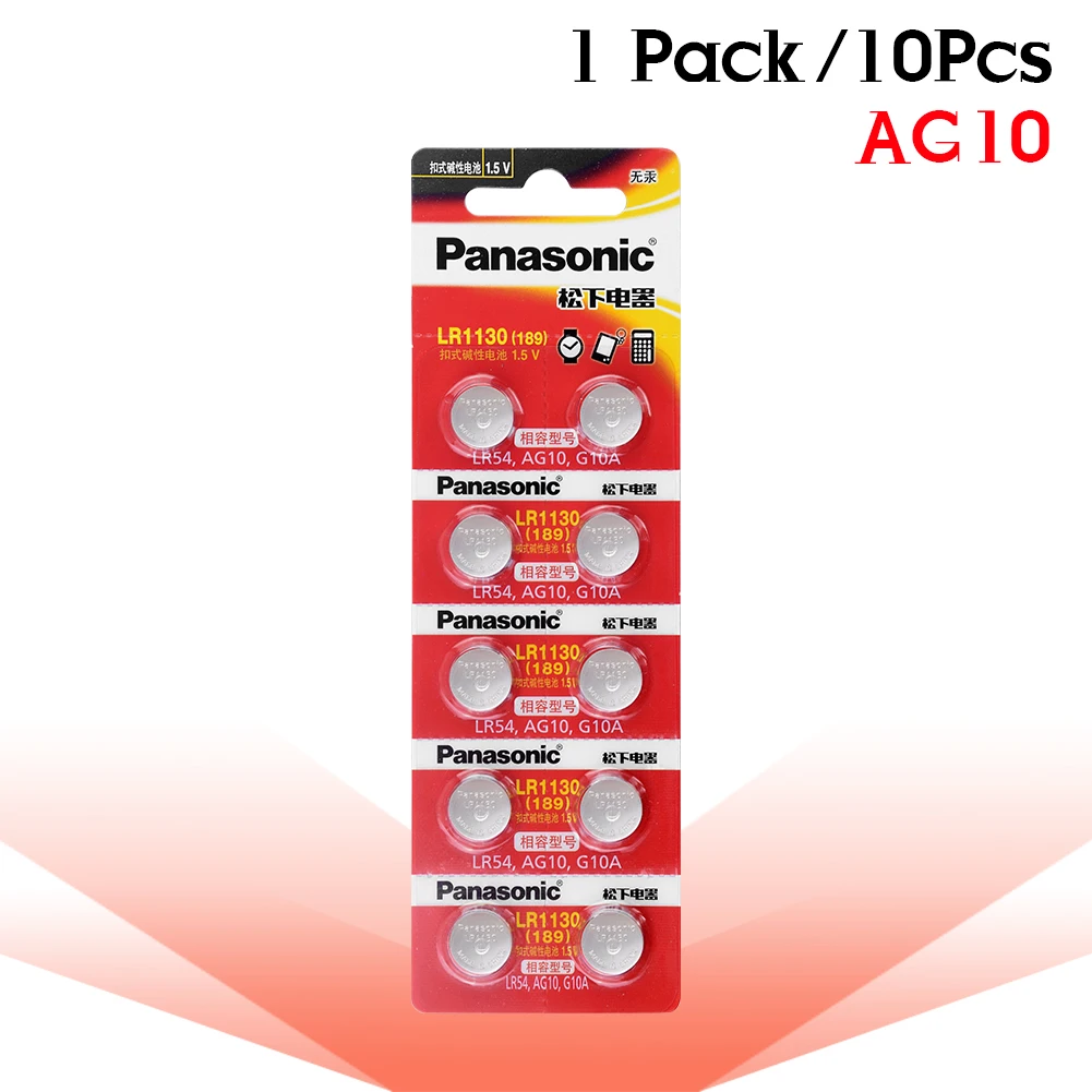 10 шт./лот Panasonic Батарея сотовый 1,5 V AG10 LR1130 Щелочная батарейка-кнопка AG10 389 LR54 SR54 SR1130W 189 LR1130 аккумуляторы таблеточного типа