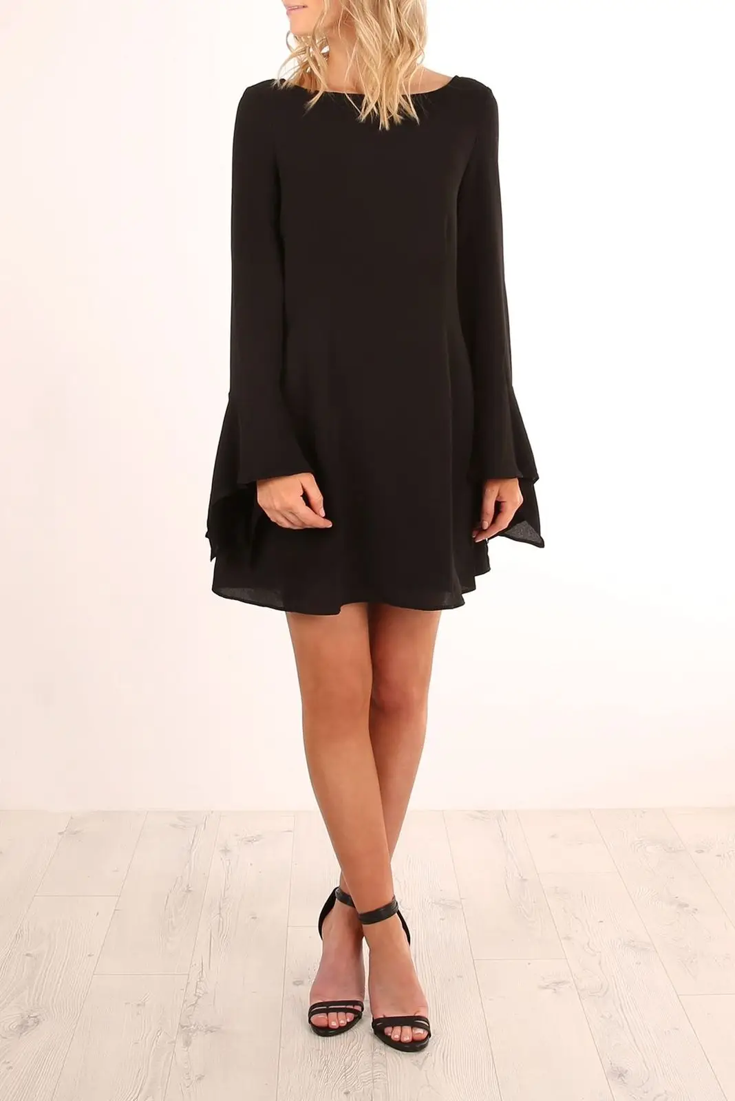Solid Black Summer Women Flare Long Sleeve Evening Party Casual Short Mini Dress Autumn | Женская одежда