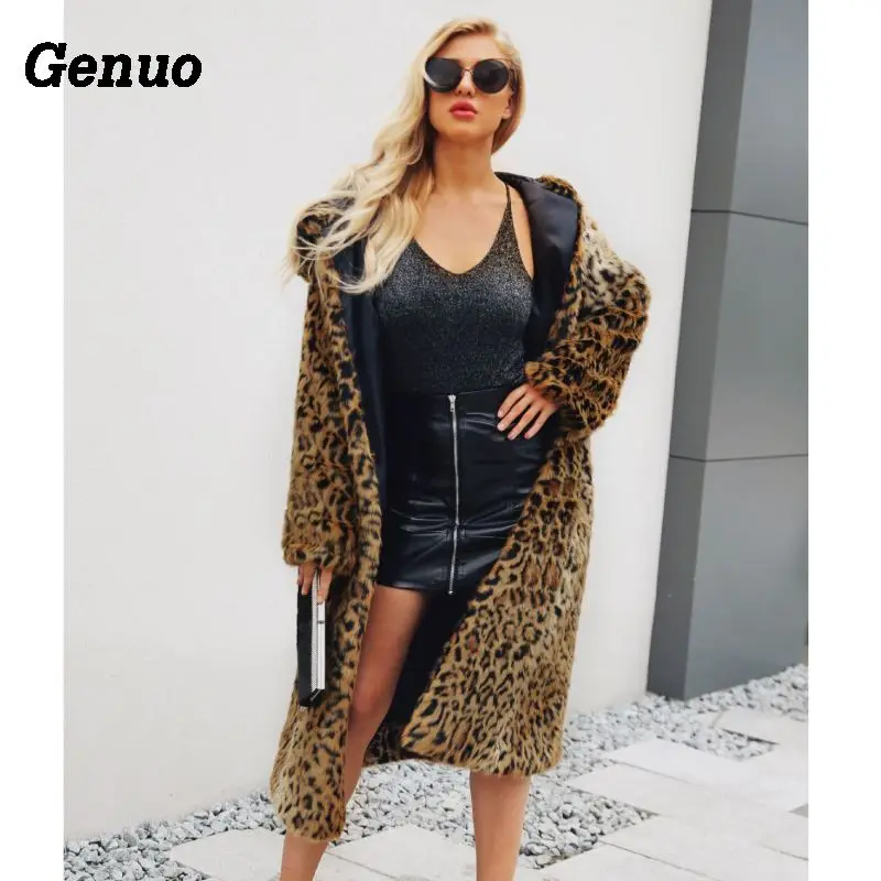 Genuo пальто с искусственным мехом и леопардовым принтом женские свободные Модные