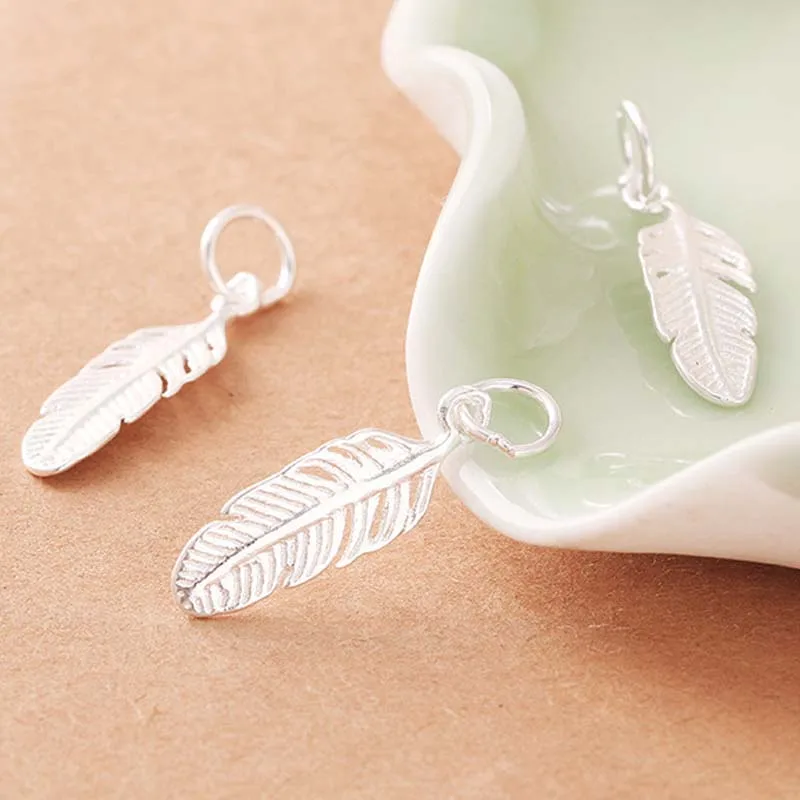 Real Pure Solid 925 Sterling Silver Feather Pendant Women Tassel Leaf Pendants Necklace Bracelet Jewelry Making Findings Charms | Украшения