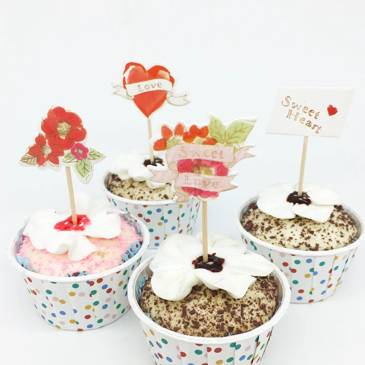 24 шт./лот топперы для торта в виде сердца и цветов с надписью Love Мультяшные