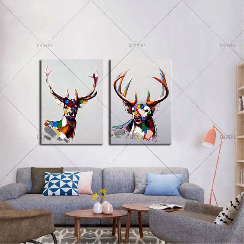 Modern Abstract Oil Painting Animal Art Pictures Set Handpainted Colorful Lovely Deer Canvas For Home Decoration Living Room | Дом и сад