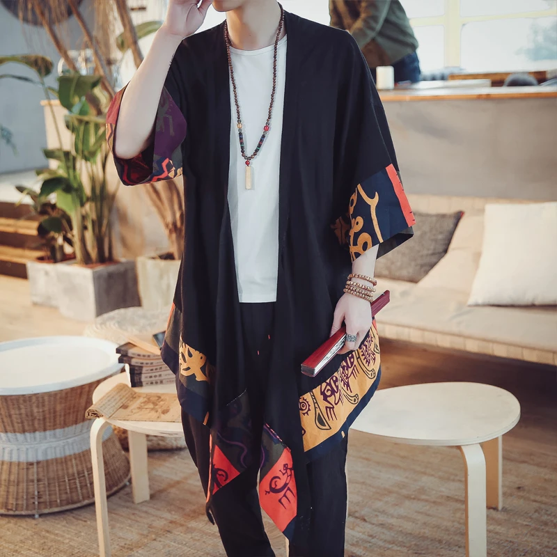 

Мужской длинный кардиган из хлопка и льна, Повседневная Свободная тонкая куртка-кимоно, верхняя одежда, весна-лето