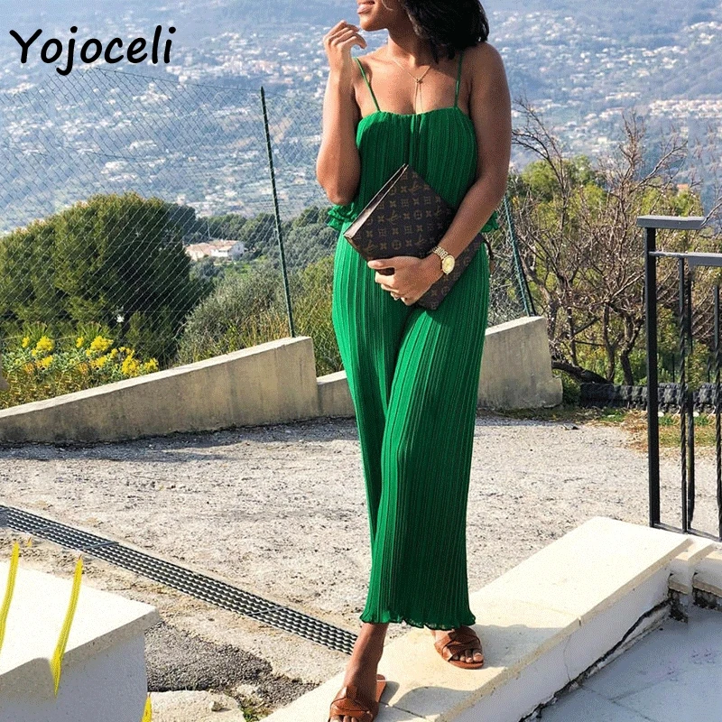 Yojoceli 2019 summer green pleated jumpsuit romper women streetwear wide leg strap female | Женская одежда