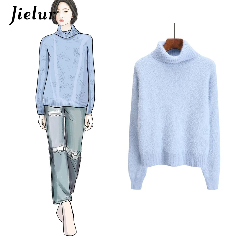 Jielur Sweater Female Simple Solid Color Warm Comfortable Women's Turtleneck Gray Blue Korean Long Sleeve Winter Women | Женская