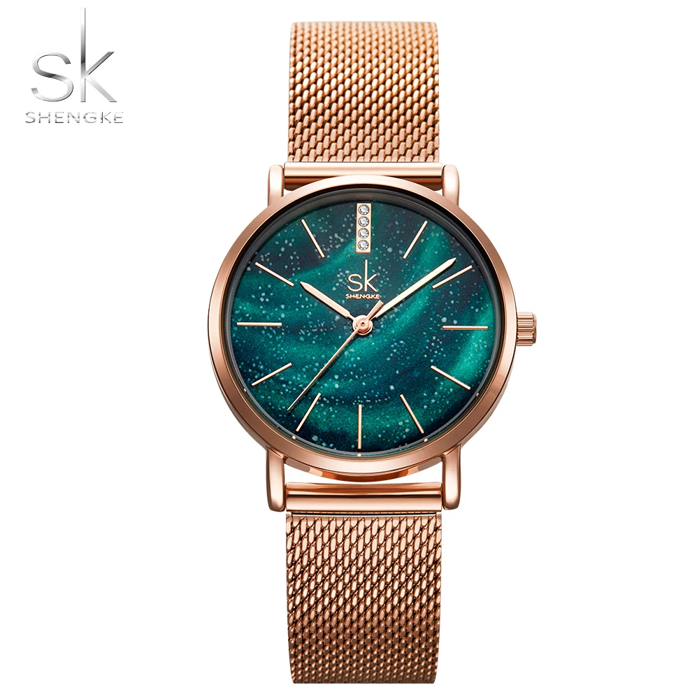 

SK Women Watches Starry Green Dial Reloj Mujer SHENGKE Ladies Wristwatch Ultra-thin Stainless Steel Strap Quartz Montre Femme