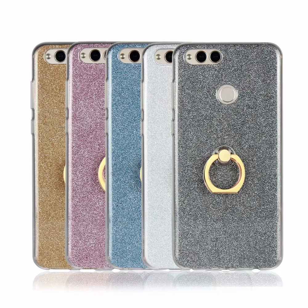 For Huawei Honor 7X Case Flash powder Phone TPU Silicone Soft Cover With Finger Ring Bracket |