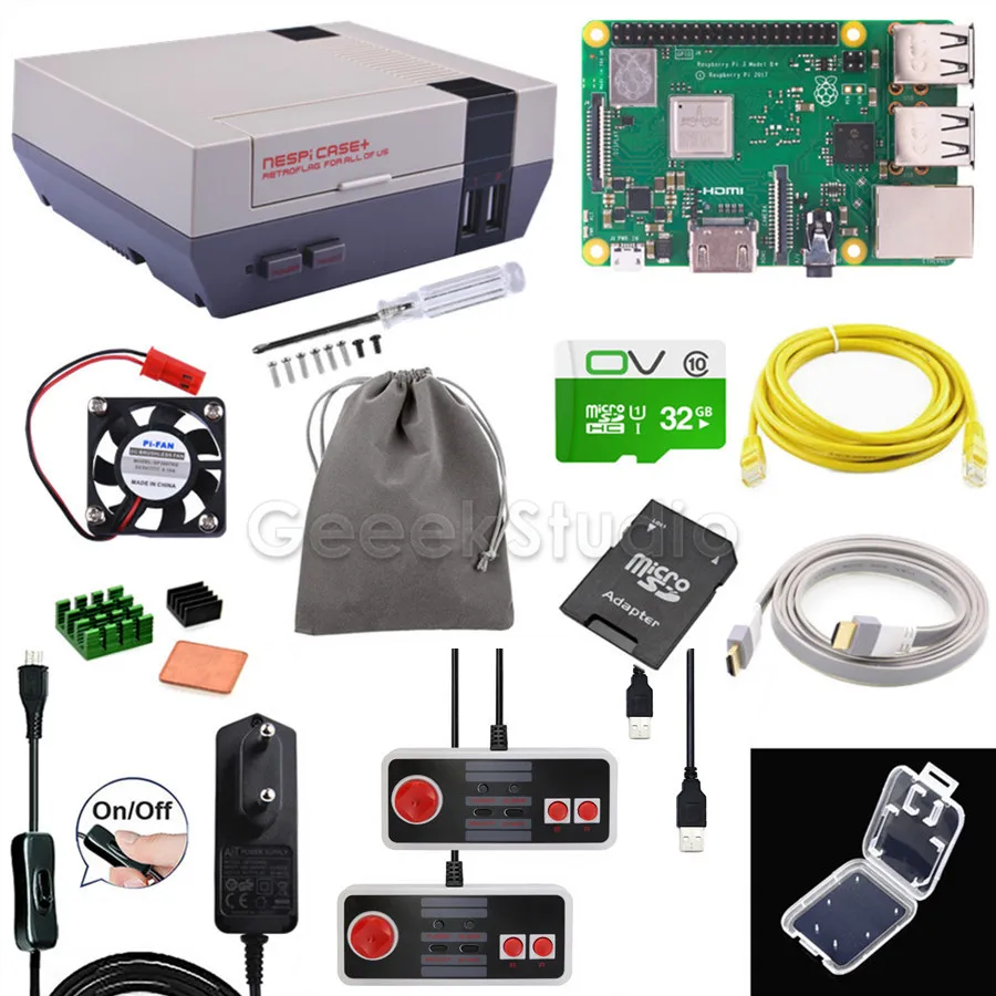 NESPI чехол+ плюс с охлаждающим вентилятором радиаторы фланелевый мешочек и дополнительный Raspberry Pi 3 Model B+ 5V 2.5A Мощность адаптер переменного тока, 32G SD карты - Цвет: Kit 4