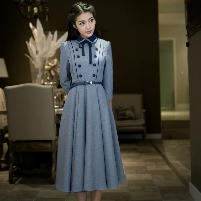 

2018 Autumn Women dress Vintage Retro Elegant Preppy Style Swing hem Tunic Belt Ladies' Vestidos