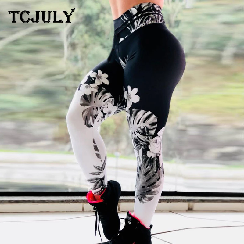 TCJULY чернила цветы узоры женские леггинсы с принтом Высокая талия брюки для