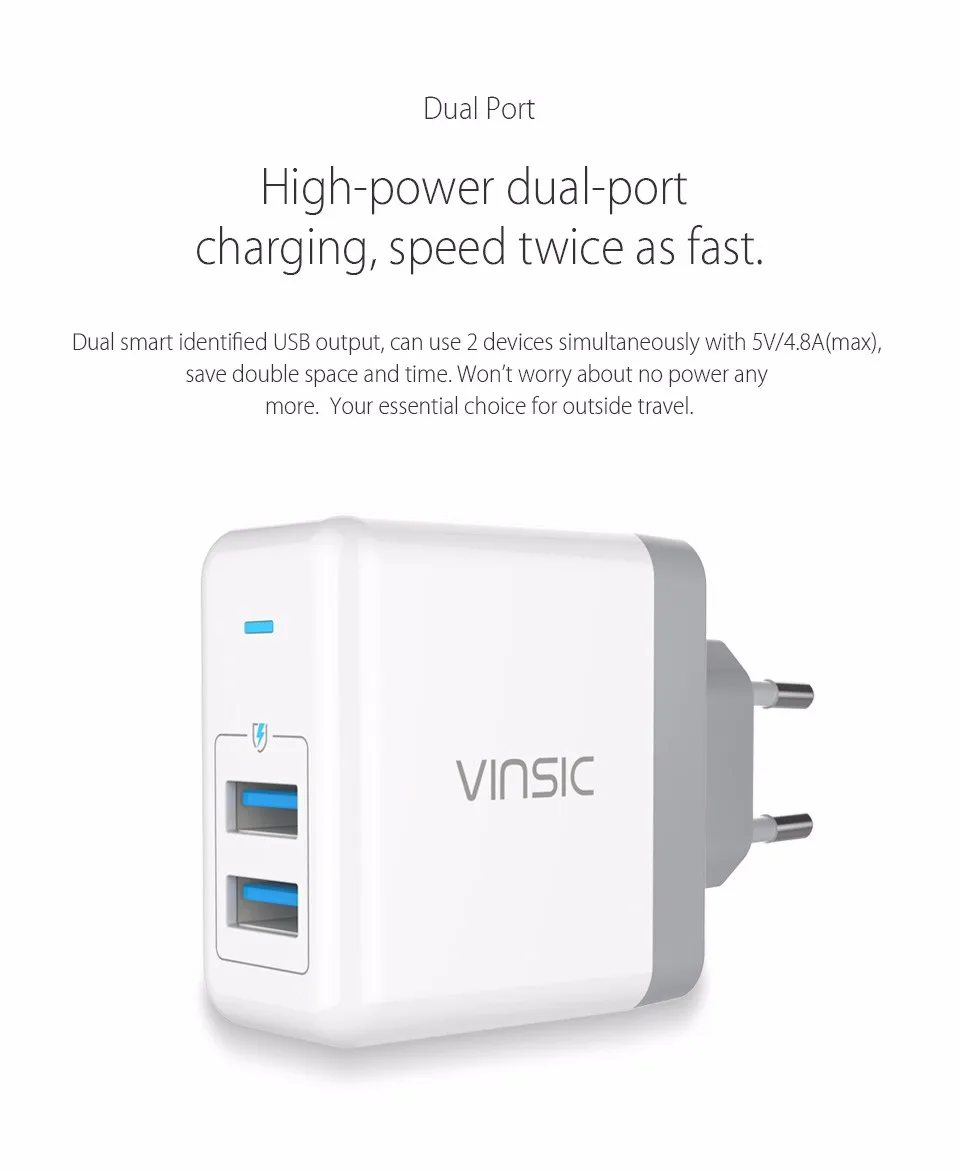 Vinsic Dual USB зарядное устройство для телефона 5 В/4.8A настенное зарядное устройство портативное умное зарядное устройство для iphone 8 Plus samsung Mi8 SE EU/US разъем