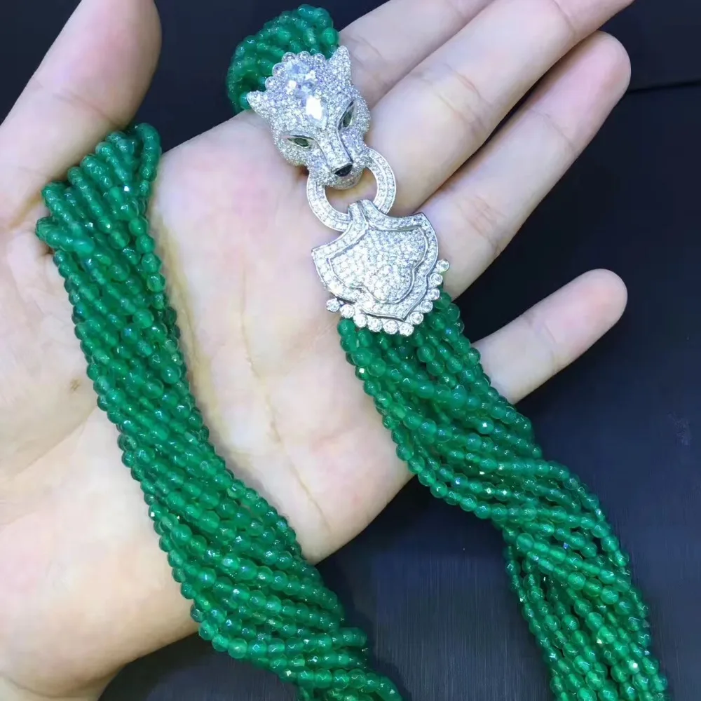 ?? ナチュラルカルセドニーチョーカーネックレスマルチ層グリーン色925スターリングシルバーヒョウ細かい女性ジュエリー送料無料