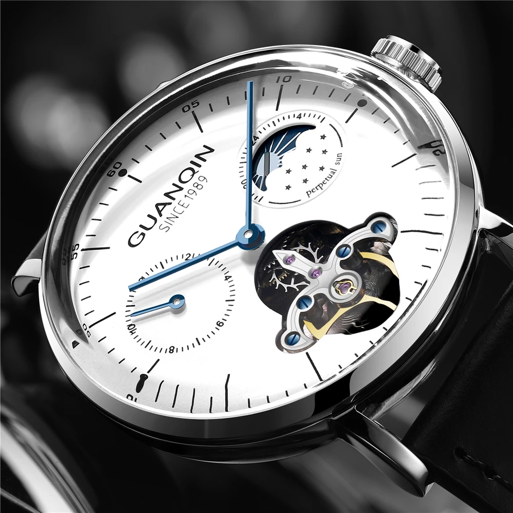 Часы GUANQIN Tourbillon Мужские автоматические механические деловые Роскошные кожаные
