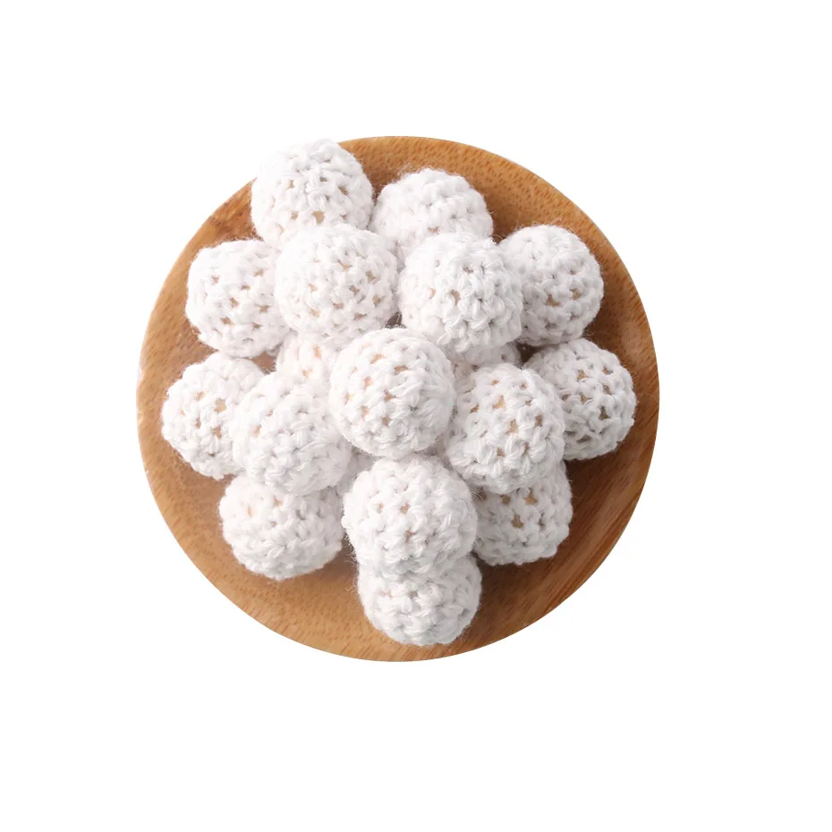 White Crochet Beads 15 шт., 16 мм, Детские Прорезыватели для зубов, вязанные деревянные бусины, хлопковые круглые бусины, Детские Прорезыватели для соски, цепные аксессуары, детские деревянные Прорезыватели для зубов - Цвет: White Crochet Beads