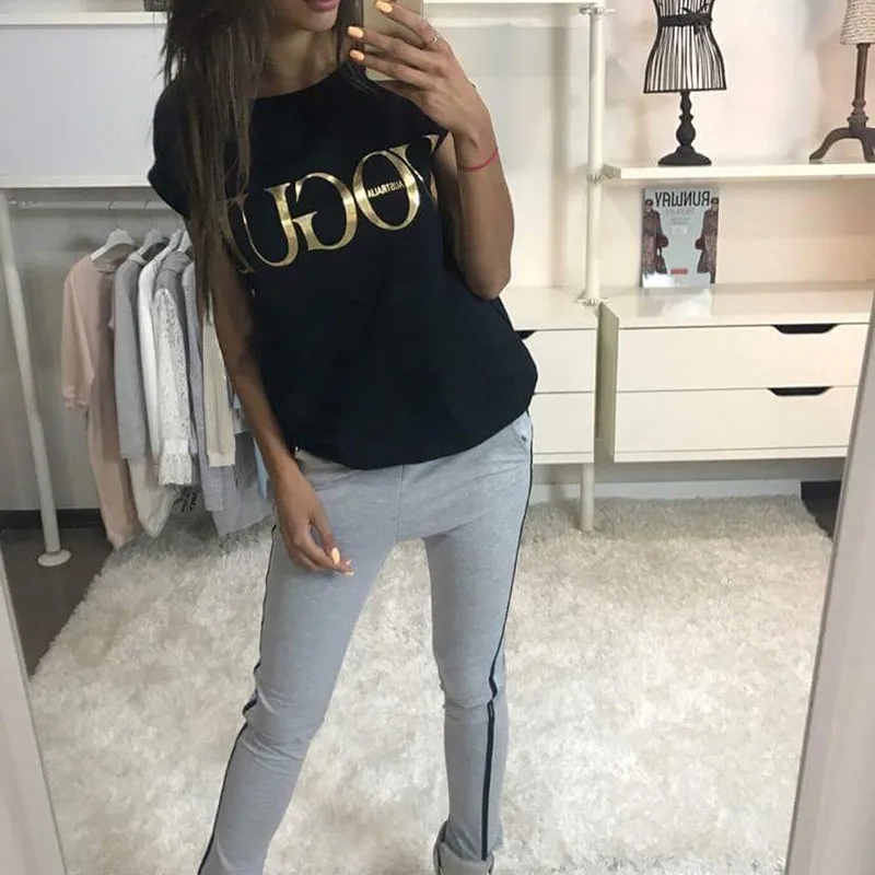 Женская футболка Harajuku VOGUE хлопковая Футболка с золотым принтом S XL короткими