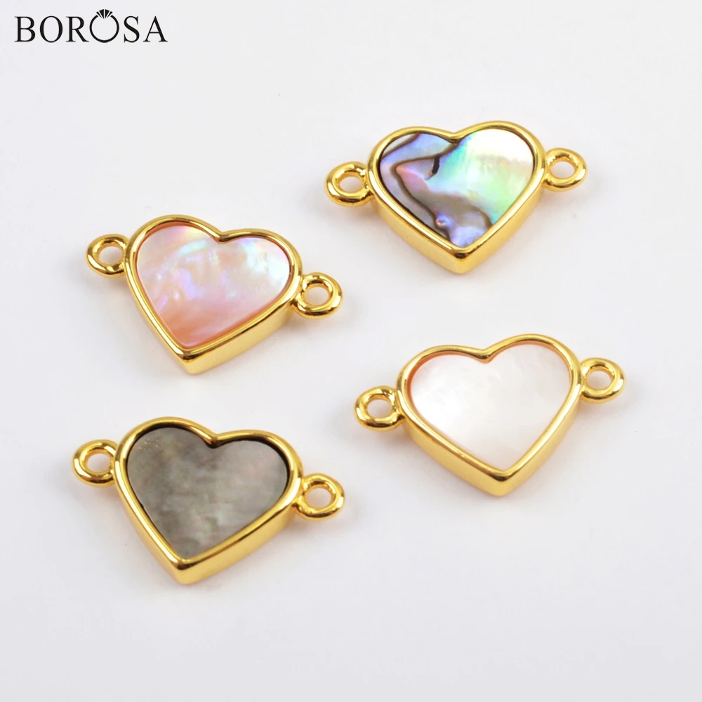 

BOROSA 10Pcs Fashion Heart Gold Bezel Abalone Shell Natural White Shell Connector for Necklace Jewelry as Birthday Gift WX1174
