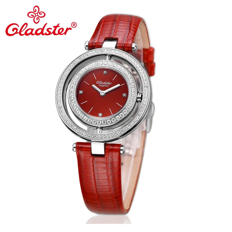 Женские кварцевые часы Gladster японские MIYOTA GL20 с бриллиантом красные кожаные