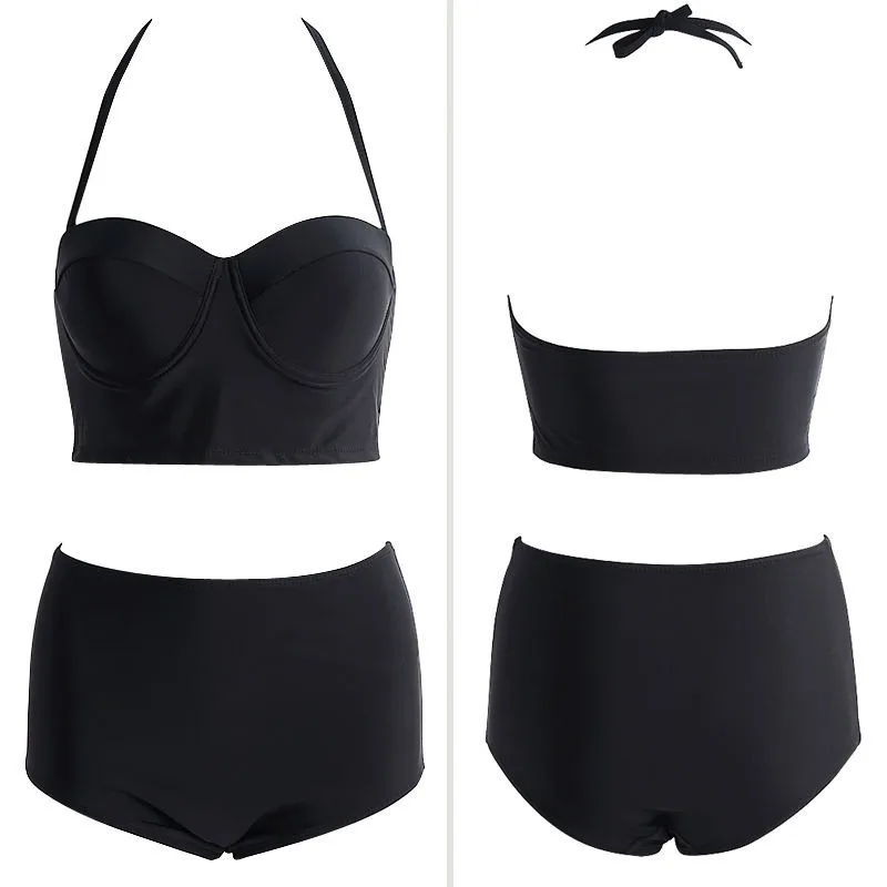 Женский однотонный купальник с завышенной талией батальных размеров|swimsuit
