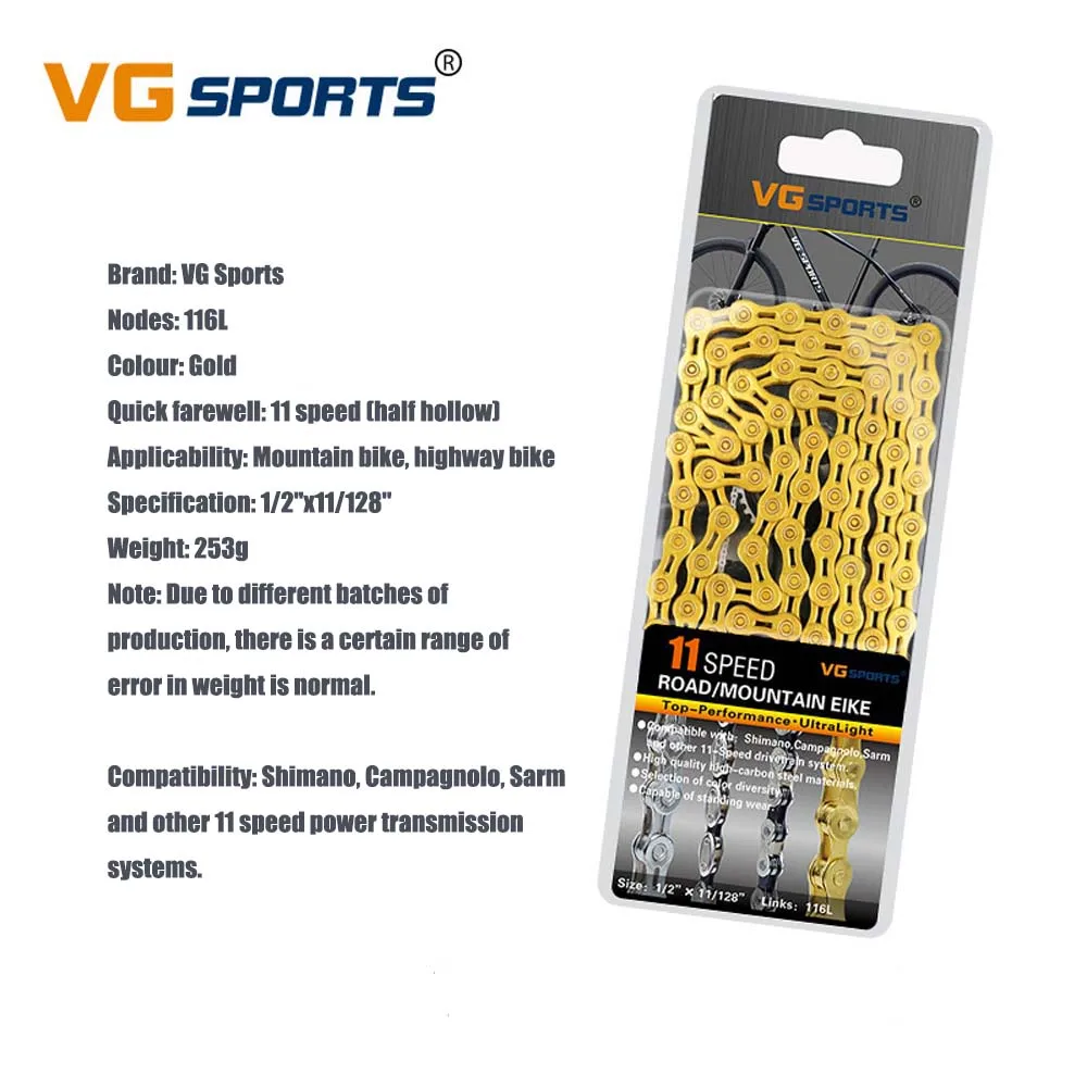11S Half-Hollow Gold MTB Bicycle Chain 8 9 10 11 Speed Road Bike Full Hollow Chain Mountain Bike Half Hollow Chain Golden Silver Colour VG Sports - Цвет: 11S Half-Hollow Gold