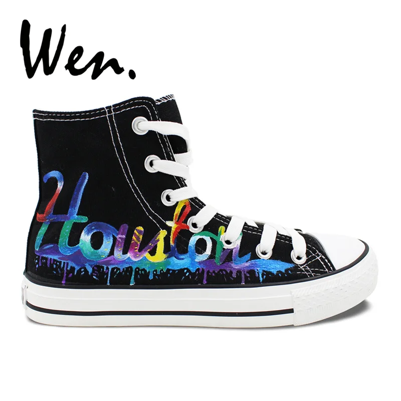 

Wen Original Design Custom Hand Painted Shoes Houston City Skyline High Top Men Women's Black Canvas Sneakers