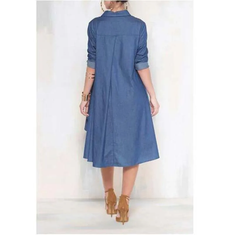 Женское джинсовое платье рубашка летнее повседневное свободное миди с длинным