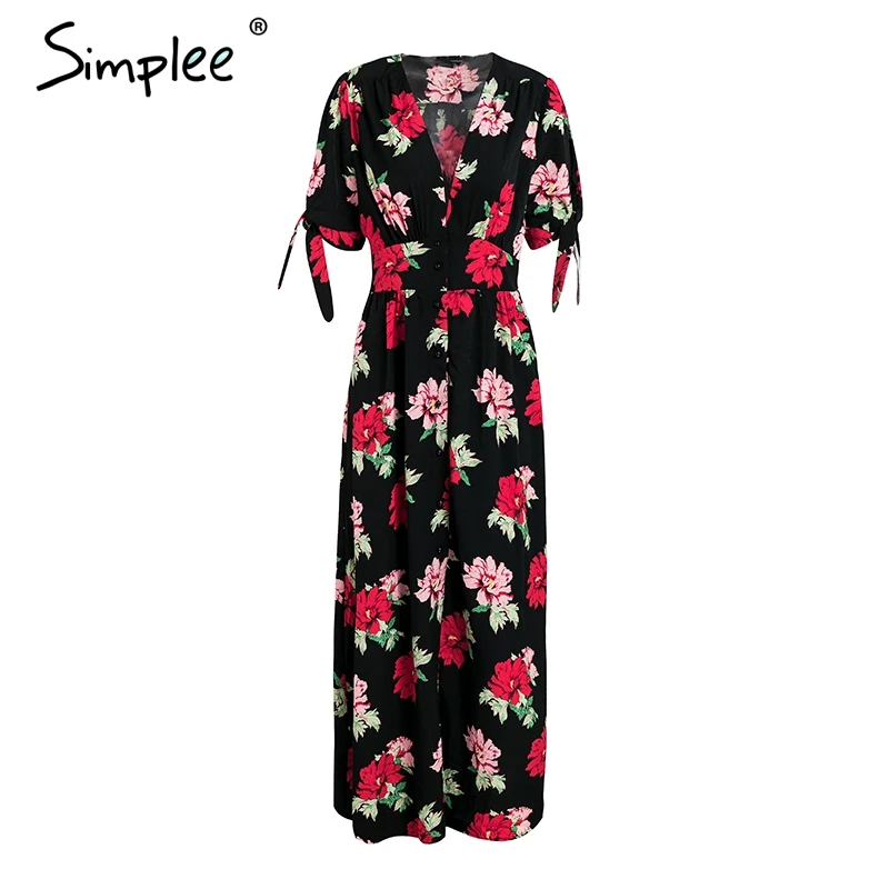 Simplee Floral print summer dress long V neck knotted short sleeve maxi women Streetwear button beach casual 2018 | Женская одежда