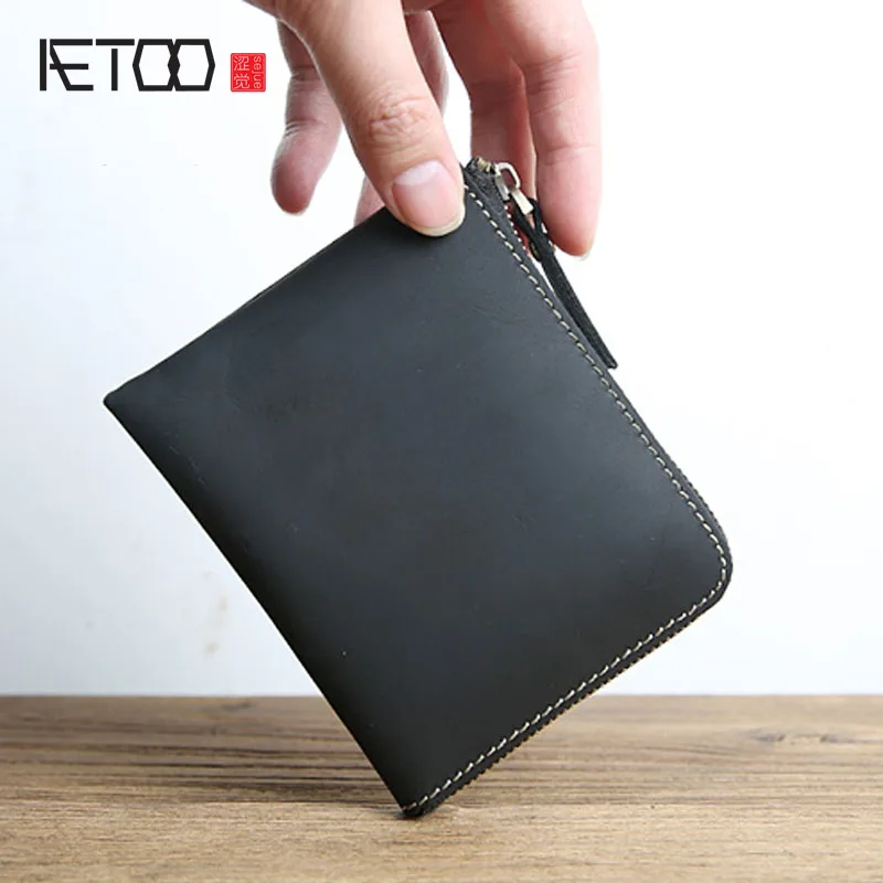 Мужской короткий кошелек AETOO кожаный ручной работы в стиле ретро на молнии из