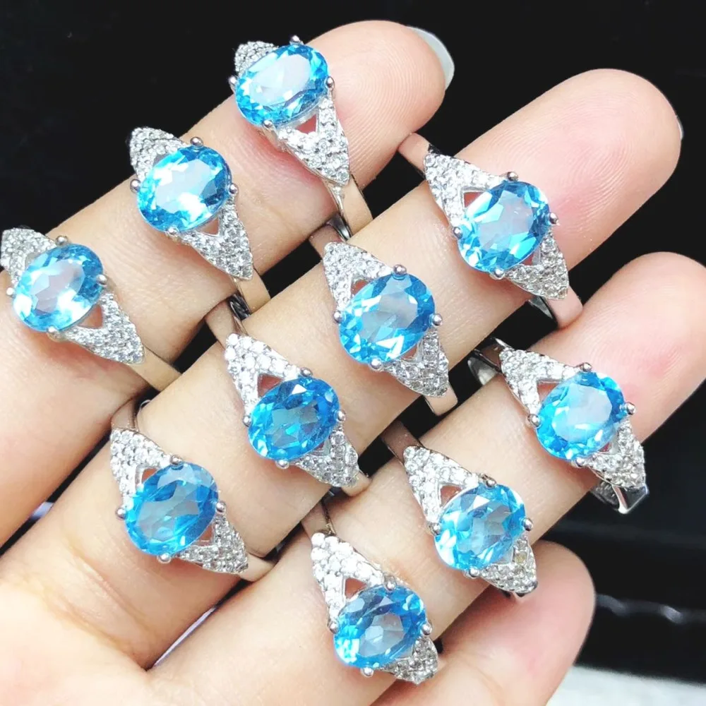 

Natural Topaz Rings, Blue Crystal Jewelry, 925 Sterling Silver, 6x8MM