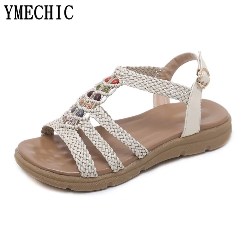 YMECHIC 2018 тканые пляжные туфли богемный летние босоножки Гладиаторы с бусинами