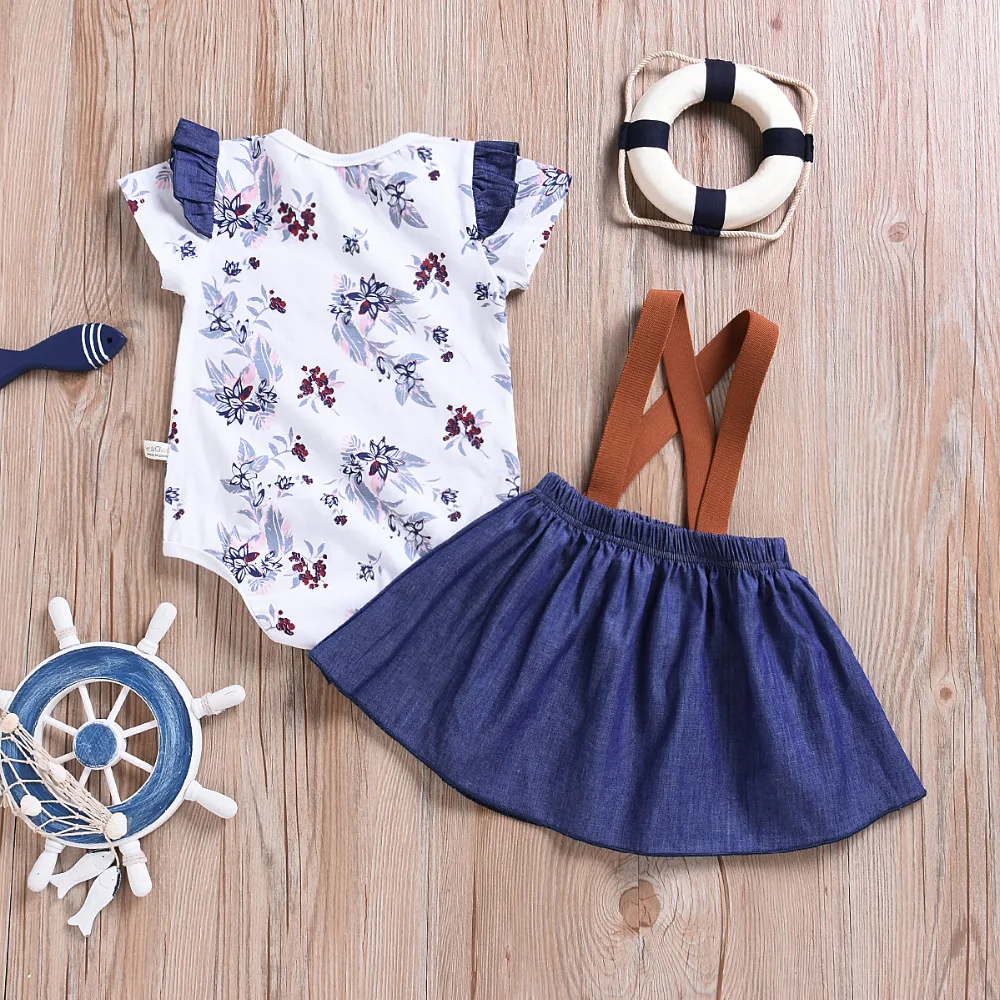 2pcs Baby Girls Floral Suspenders Skirt Set Short Sleeve Ruffled T-Shirt + Mini Braces Overalls | Детская одежда и обувь