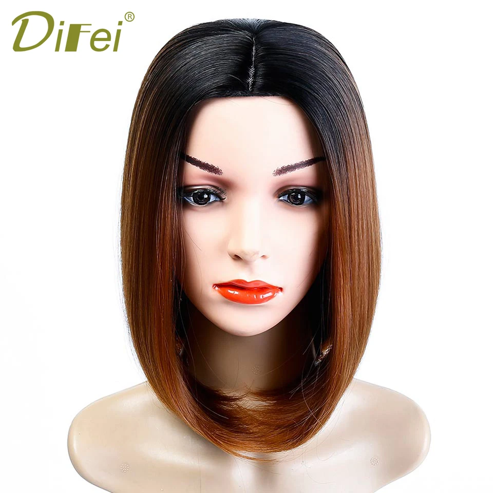 DIFEI Synthetic Bob Wig Ombre Blonde Straight Hair Wigs for Black Women Side Part Two Colorful Ombre Heat Resistant Wigs