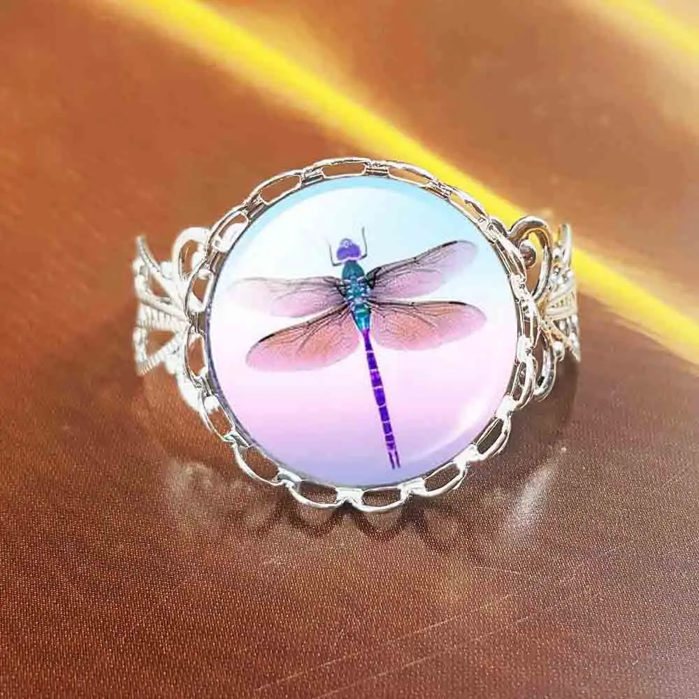 

QiYuFang Pretty Cute Dragonfly Crystal Cabochon Pendant Fashion steel Color Chain Collar Ring For Women Elegant Jewelry