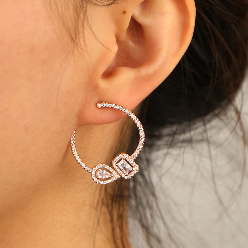 

AAA cz paved rose gold color geometric pear square cz circle fashion women lady gift jewelry front back earrings